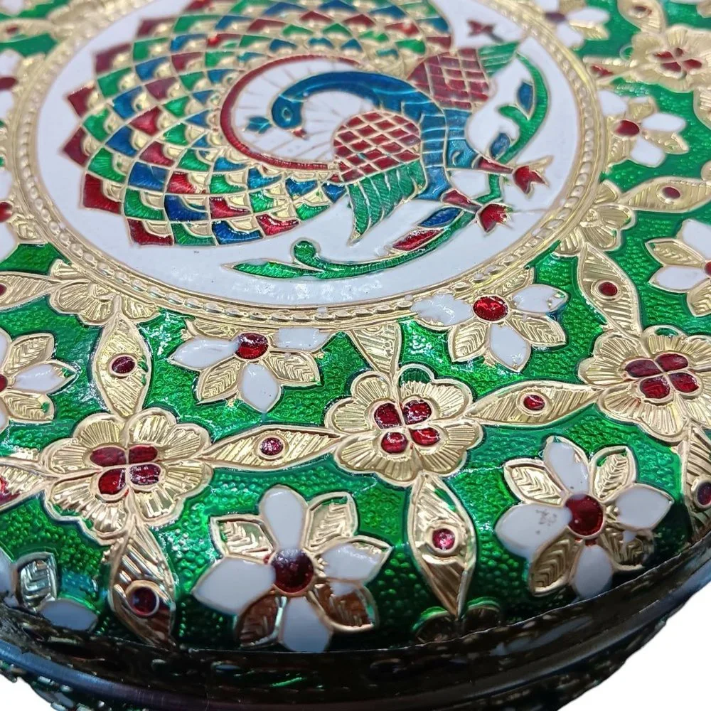 Peacock Tin Canister Stainless Steel Meenakari Green Blue Red Floral Approxim